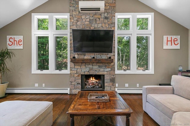 2 Round Hill Rd, Shelton, CT 06484 - living area featuring a stone fireplace, baseboard heating, a wall unit AC, lofted ceiling, and wood-type flooring