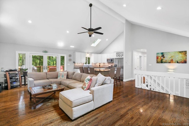 2 Round Hill Rd, Shelton, CT 06484 - living area featuring high vaulted ceiling, ceiling fan, dark wood-style floors, beam ceiling, and recessed lighting