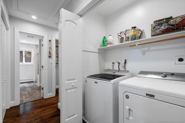 2 Round Hill Rd, Shelton, CT 06484 - laundry area featuring washing machine and clothes dryer, dark wood finished floors, a baseboard radiator, recessed lighting, and attic access