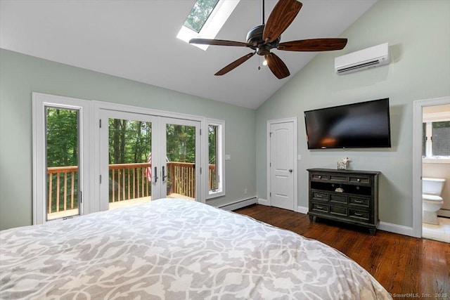 2 Round Hill Rd, Shelton, CT 06484 - bedroom with an AC wall unit, french doors, access to outside, wood finished floors, and a baseboard heating unit