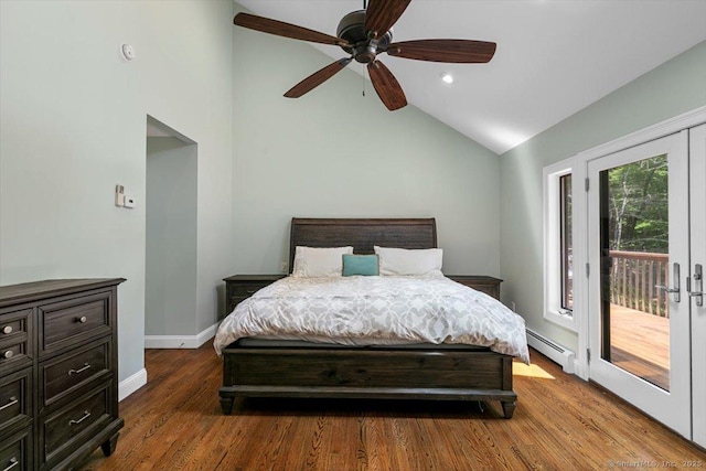 2 Round Hill Rd, Shelton, CT 06484 - bedroom with access to exterior, baseboard heating, lofted ceiling, wood finished floors, and ceiling fan
