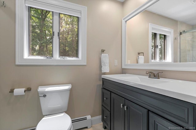 2 Round Hill Rd, Shelton, CT 06484 - bathroom featuring a baseboard heating unit, vanity, and a tile shower