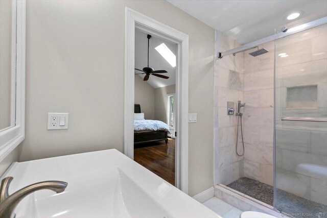 2 Round Hill Rd, Shelton, CT 06484 - ensuite bathroom with a stall shower, ceiling fan, lofted ceiling, wood finished floors, and recessed lighting