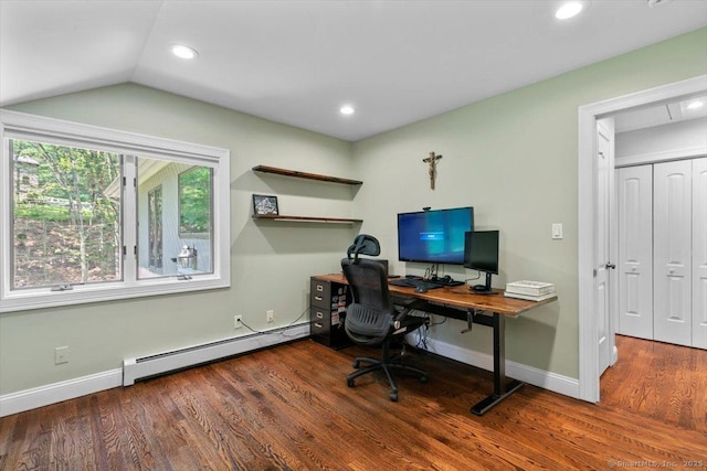 2 Round Hill Rd, Shelton, CT 06484 - office space featuring a baseboard heating unit, wood finished floors, recessed lighting, and lofted ceiling