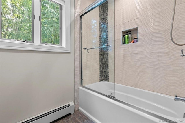 2 Round Hill Rd, Shelton, CT 06484 - full bath featuring a baseboard radiator, plenty of natural light, combined bath / shower with glass door, and wood finished floors