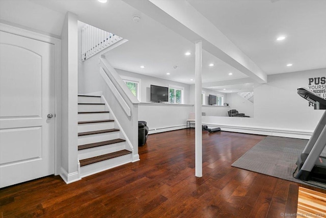 2 Round Hill Rd, Shelton, CT 06484 - exercise room featuring wood finished floors, recessed lighting, and a baseboard radiator