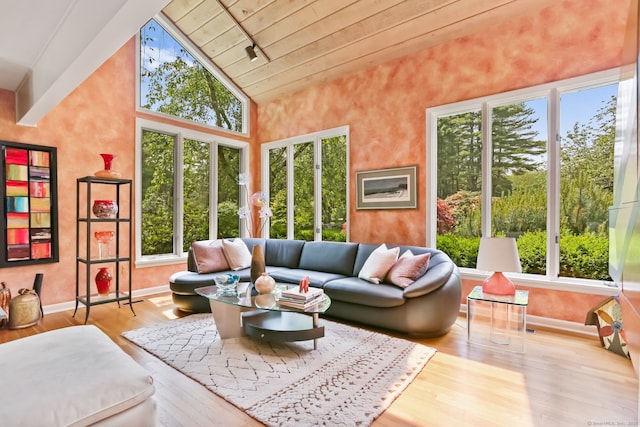 8 Hedgerow Cmn, Weston, CT 06883 - living room featuring healthy amount of natural light, wood finished floors, wooden ceiling with exposed beams, baseboards, and high vaulted ceiling