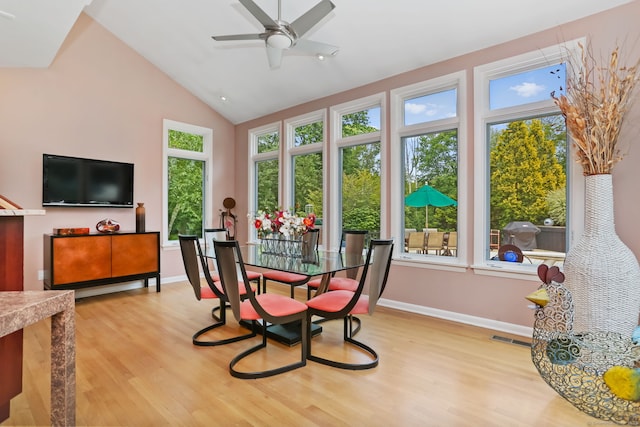 8 Hedgerow Cmn, Weston, CT 06883 - dining space with wood finished floors, healthy amount of natural light, a ceiling fan, and high vaulted ceiling