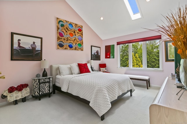 8 Hedgerow Cmn, Weston, CT 06883 - carpeted bedroom with a skylight, recessed lighting, baseboards, and high vaulted ceiling