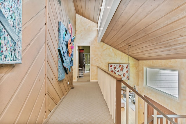 8 Hedgerow Cmn, Weston, CT 06883 - hallway with wooden ceiling, lofted ceiling, and carpet flooring