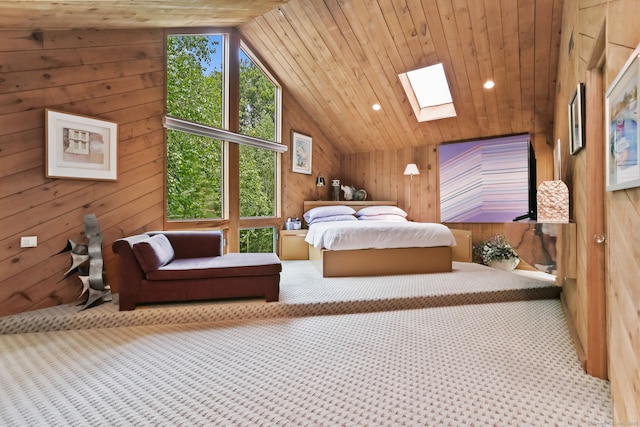 8 Hedgerow Cmn, Weston, CT 06883 - bedroom with wooden walls, a skylight, lofted ceiling, carpet flooring, and wooden ceiling