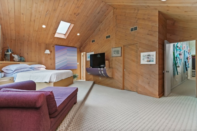 8 Hedgerow Cmn, Weston, CT 06883 - bedroom featuring a skylight, lofted ceiling, wood walls, carpet flooring, and wooden ceiling