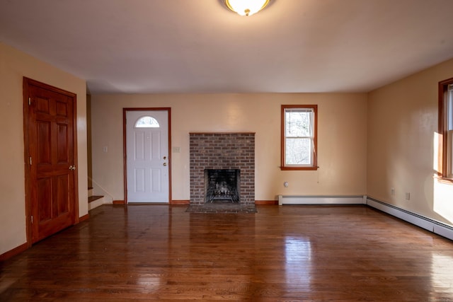 65 Spring St, Middlefield, CT 06481 - unfurnished living room featuring wood finished floors, stairs, a fireplace, and baseboards