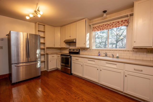 65 Spring St, Middlefield, CT 06481 - kitchen with stainless steel appliances, under cabinet range hood, open shelves, a sink, and white cabinetry