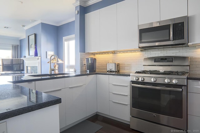 4 Daskams Ln Unit 303, Norwalk, CT 06851 - kitchen featuring appliances with stainless steel finishes, modern cabinets, crown molding, white cabinetry, and tasteful backsplash