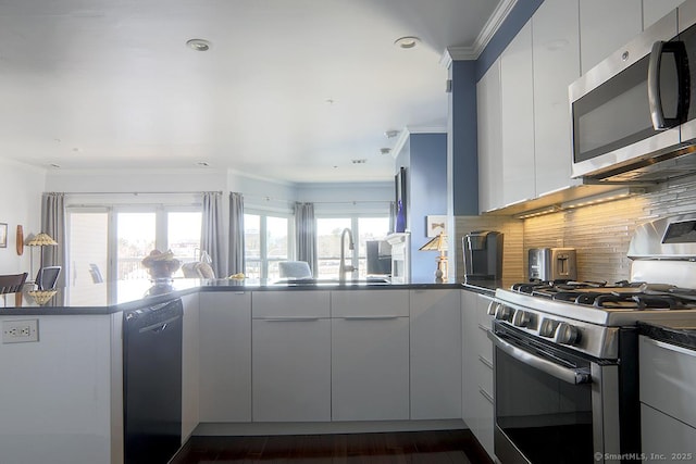 4 Daskams Ln Unit 303, Norwalk, CT 06851 - kitchen with stainless steel appliances, ornamental molding, modern cabinets, decorative backsplash, and healthy amount of natural light