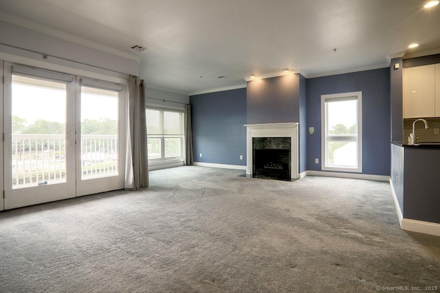 4 Daskams Ln Unit 303, Norwalk, CT 06851 - unfurnished living room featuring light colored carpet, a fireplace, and ornamental molding