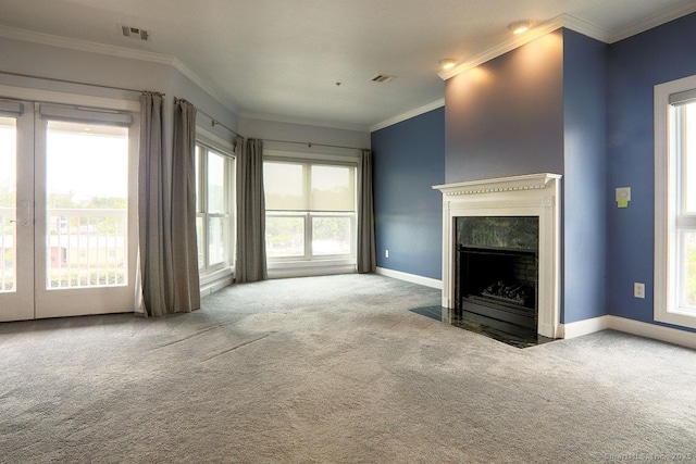 4 Daskams Ln Unit 303, Norwalk, CT 06851 - unfurnished living room with carpet flooring, a premium fireplace, plenty of natural light, and ornamental molding