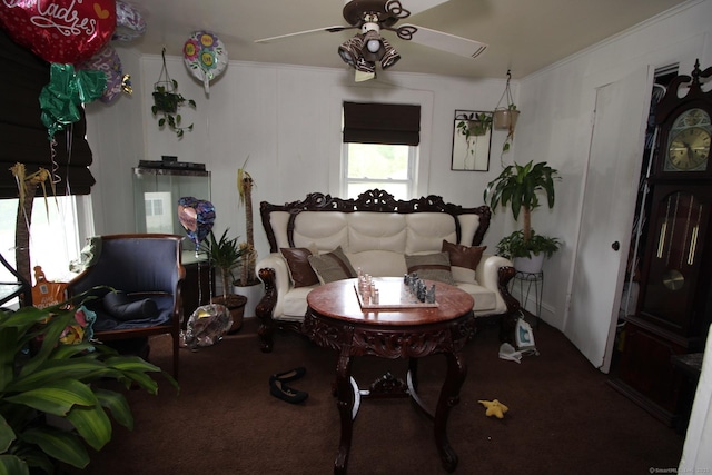 87 Hayden St, Windham, CT 06226 - living area with carpet floors, a ceiling fan, and crown molding