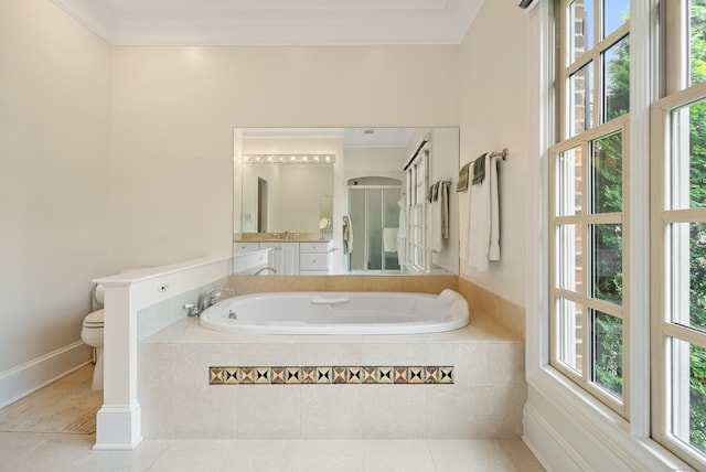 184 Stillson Rd Unit 184, Fairfield, CT 06825 - full bath featuring vanity, a garden tub, toilet, tile patterned flooring, and ornamental molding