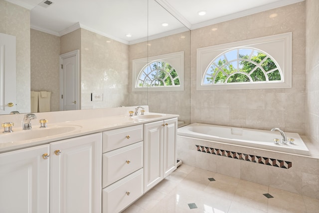 184 Stillson Rd Unit 184, Fairfield, CT 06825 - full bath with crown molding, double vanity, a garden tub, and tile patterned floors