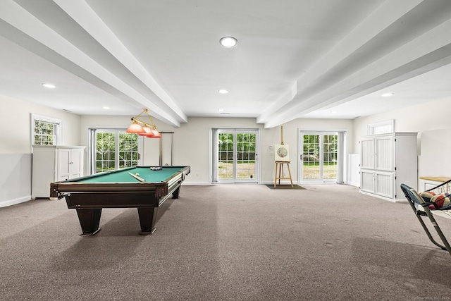 20 Pheasant Ln, Easton, CT 06612 - rec room with carpet floors, recessed lighting, baseboards, billiards table, and beamed ceiling
