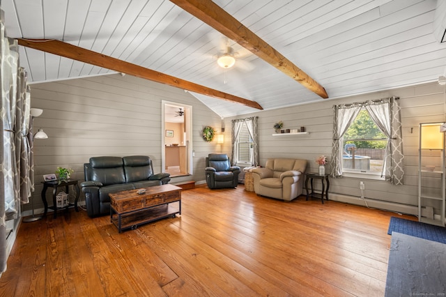23 Lewis Rd, Preston, CT 06365 - living area with hardwood / wood-style floors, a ceiling fan, wood walls, wooden ceiling, and a baseboard heating unit