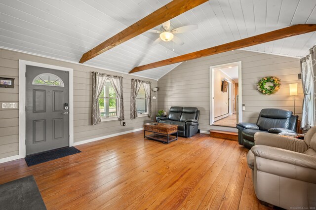 23 Lewis Rd, Preston, CT 06365 - living area with hardwood / wood-style flooring, wood walls, wood ceiling, and a ceiling fan