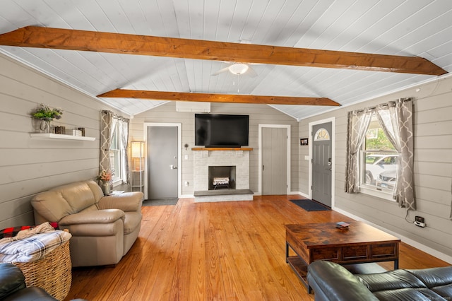 23 Lewis Rd, Preston, CT 06365 - living area with light wood-style floors, wooden walls, a fireplace, and wooden ceiling