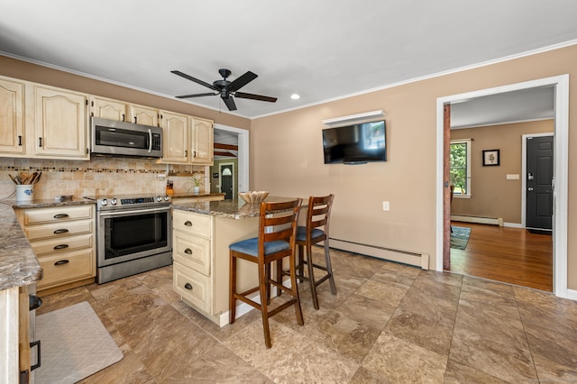 23 Lewis Rd, Preston, CT 06365 - kitchen featuring appliances with stainless steel finishes, baseboard heating, crown molding, a ceiling fan, and decorative backsplash