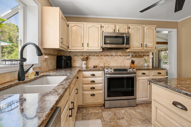 23 Lewis Rd, Preston, CT 06365 - kitchen with appliances with stainless steel finishes, a sink, light brown cabinets, plenty of natural light, and crown molding