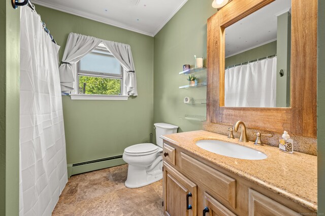23 Lewis Rd, Preston, CT 06365 - full bathroom featuring a baseboard radiator, ornamental molding, toilet, vanity, and stone finish flooring