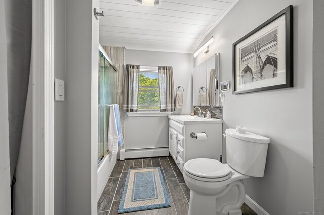 23 Lewis Rd, Preston, CT 06365 - full bath featuring a baseboard radiator, vanity, toilet, baseboards, and bath / shower combo with glass door