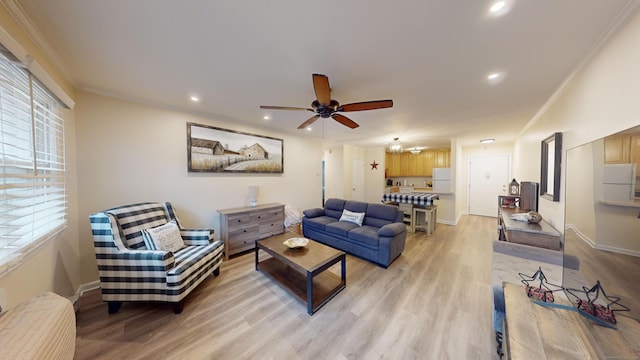 17 Fordyce Ct Apt 13, New Milford, CT 06776 - living room featuring ceiling fan, light wood-style floors, ornamental molding, recessed lighting, and baseboards