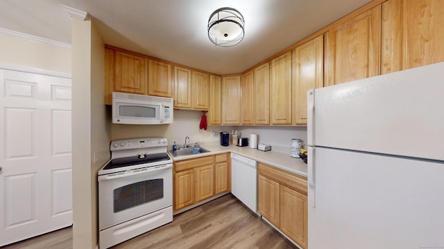 17 Fordyce Ct Apt 13, New Milford, CT 06776 - kitchen with white appliances, a sink, light countertops, ornamental molding, and light wood-style floors