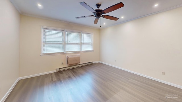 17 Fordyce Ct Apt 13, New Milford, CT 06776 - empty room with a baseboard heating unit, wood finished floors, a ceiling fan, ornamental molding, and baseboards