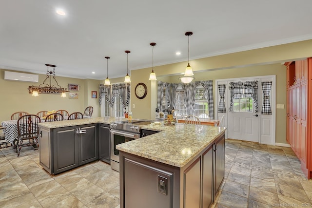 35 Summer St, Portland, CT 06480 - kitchen with electric stove, hanging light fixtures, crown molding, light stone countertops, and recessed lighting