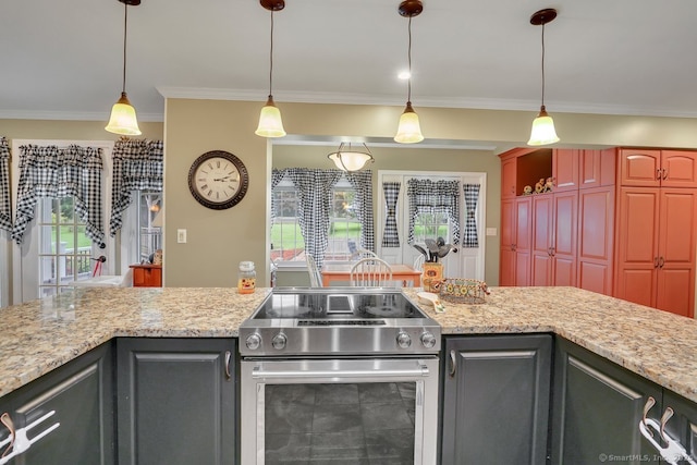 35 Summer St, Portland, CT 06480 - kitchen with stainless steel electric range, crown molding, decorative light fixtures, and light stone counters