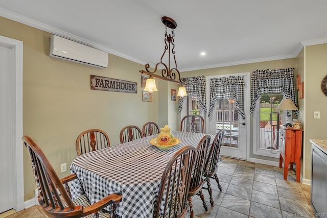 35 Summer St, Portland, CT 06480 - dining area featuring a wall mounted air conditioner, crown molding, stone tile flooring, and recessed lighting