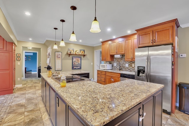 35 Summer St, Portland, CT 06480 - kitchen with stainless steel appliances, a spacious island, crown molding, tasteful backsplash, and recessed lighting