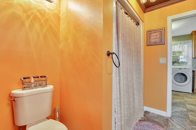 35 Summer St, Portland, CT 06480 - bathroom featuring washer / clothes dryer, a shower with shower curtain, and crown molding