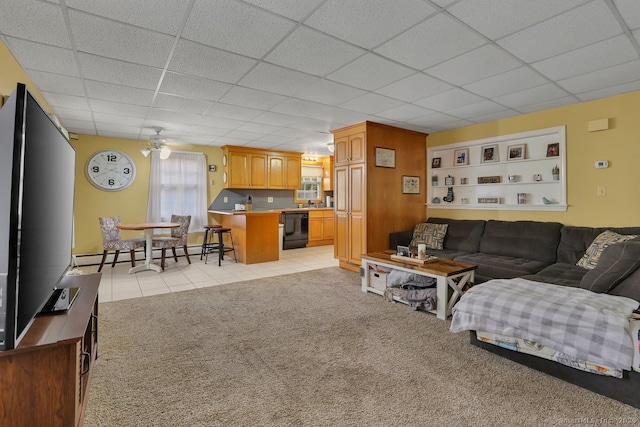 35 Summer St, Portland, CT 06480 - living area with a paneled ceiling, light carpet, a baseboard heating unit, a ceiling fan, and light tile patterned flooring