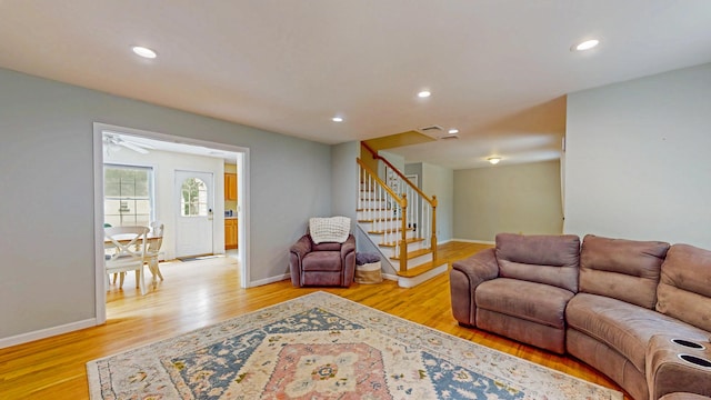 19 Heritage Brook Dr, East Haddam, CT 06423 - living room featuring light wood-style flooring, stairs, baseboards, and recessed lighting