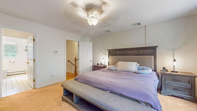 19 Heritage Brook Dr, East Haddam, CT 06423 - bedroom with a baseboard radiator, light carpet, ensuite bathroom, baseboards, and ceiling fan