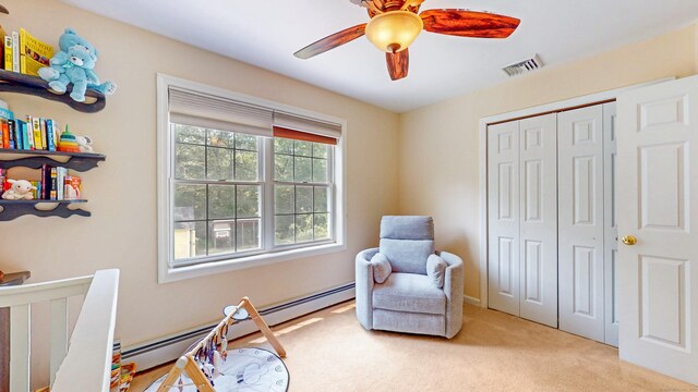 19 Heritage Brook Dr, East Haddam, CT 06423 - sitting room featuring carpet flooring, a baseboard heating unit, and a ceiling fan