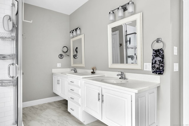 18 Cedar Spring Rd, Burlington, CT 06013 - bathroom with a shower stall, marble finish floors, and double vanity