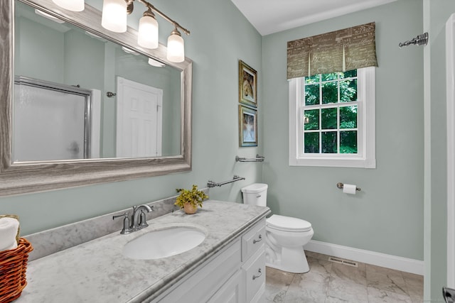 18 Cedar Spring Rd, Burlington, CT 06013 - full bath featuring marble look tiles, vanity, baseboards, an enclosed shower, and toilet