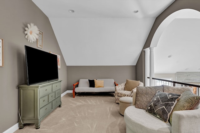 18 Cedar Spring Rd, Burlington, CT 06013 - living room featuring lofted ceiling, light colored carpet, arched walkways, baseboards, and decorative columns