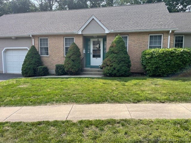 27 Shares Ln Unit 27, South Windsor, CT 06074 - ranch-style home with a garage, brick siding, roof with shingles, a front lawn, and entry steps