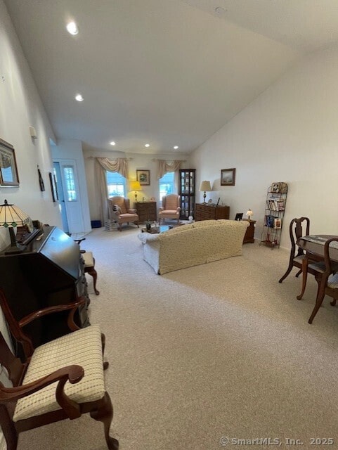 27 Shares Ln Unit 27, South Windsor, CT 06074 - living room featuring carpet flooring, recessed lighting, and lofted ceiling